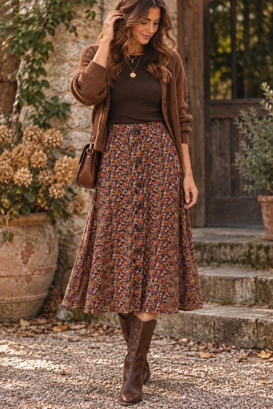 Y2K Boho Country Floral Midi Skirt Button Front Size 8 Fall Whimsigoth Earthy